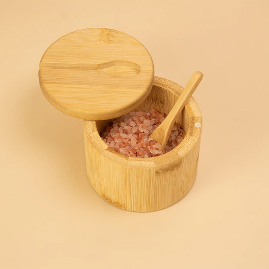 Boîte à condiments bambou avec couvercle et cuillère, idéale pour le sel ou les épices