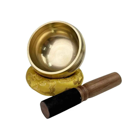 Bol chantant tibétain authentique en laiton avec maillet en bois et coussin décoratif jaune