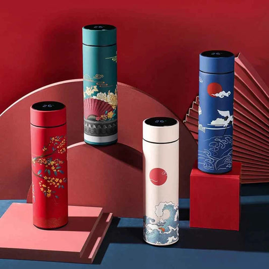 Bouteille isotherme intelligente design traditionnel avec motifs artistiques sur fonds colorés
