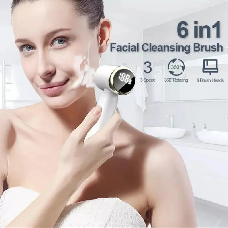 Brosse nettoyante sonique 6 en 1 avec écran numérique et 6 têtes rotatives pour un nettoyages efficace du visage