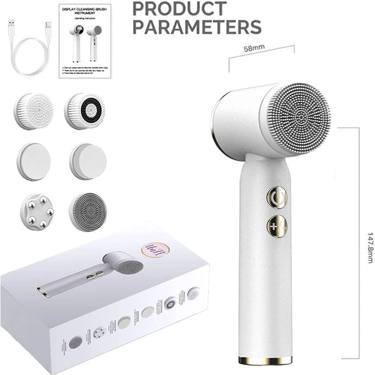 Brosse nettoyante sonique blanche avec plusieurs têtes interchangeables et câble de chargement