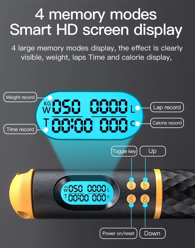 Corde à sauter intelligente avec écran HD affichant poids, tours et calories pour un suivi précis