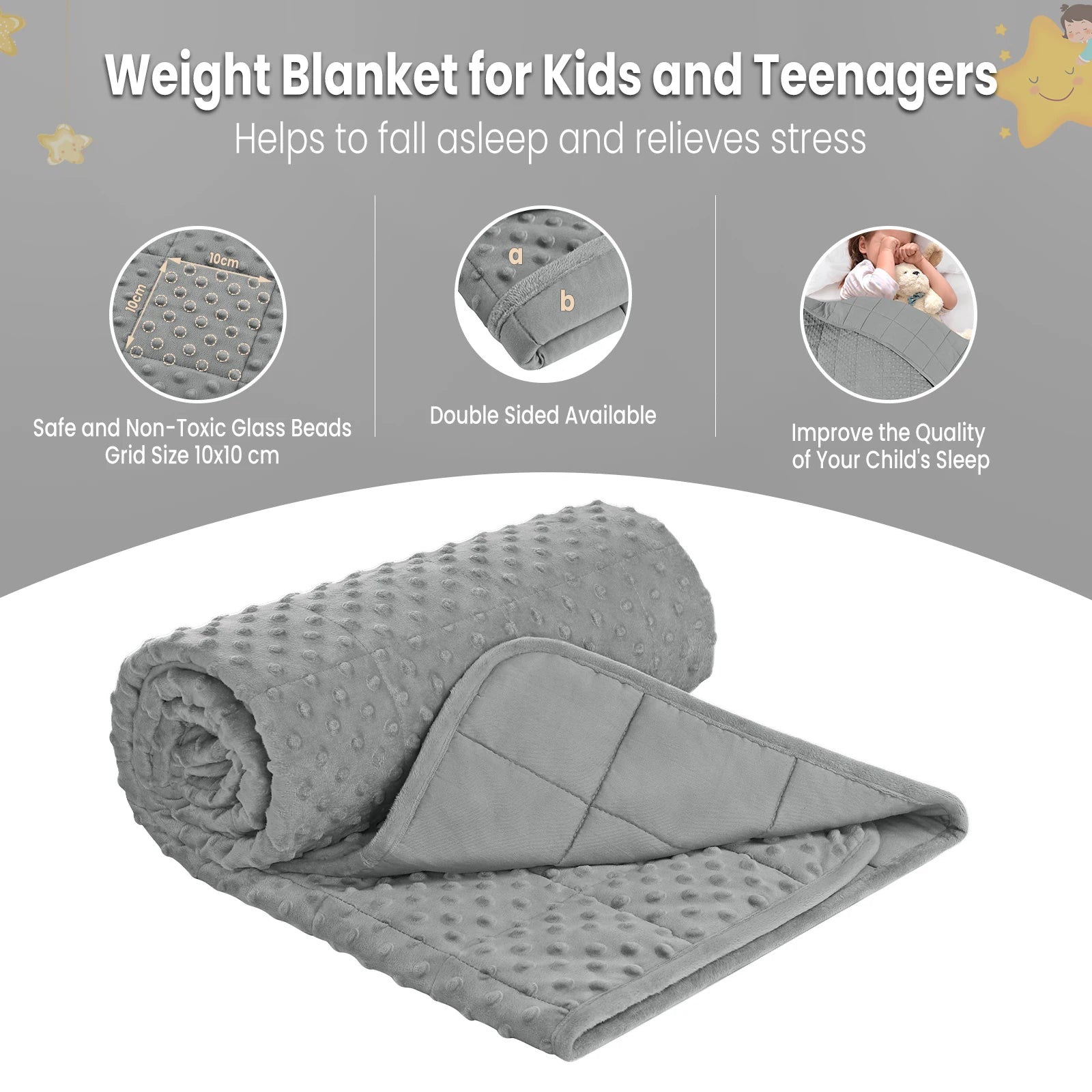 Couverture lestée enfant en gris, douce et double face, idéale pour un sommeil calme et apaisant