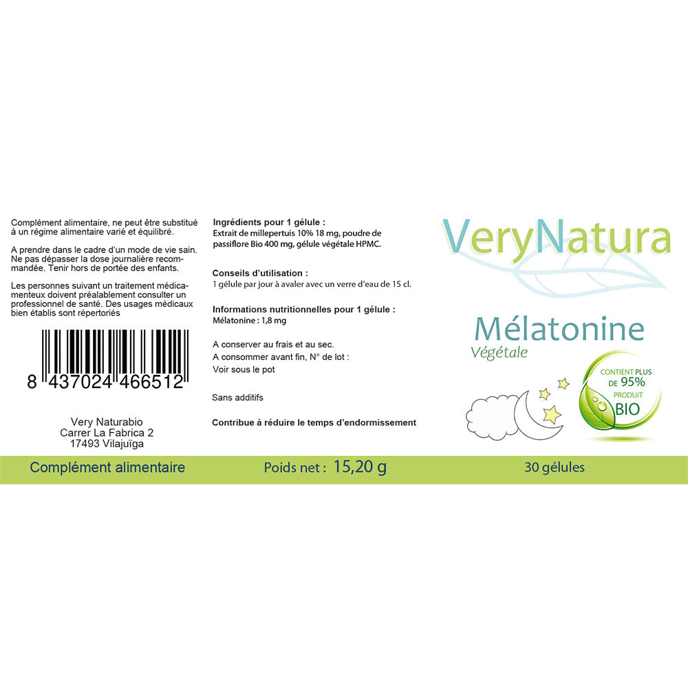 Mélatonine Végétale 95% de produits Bio : Sommeil & Stress