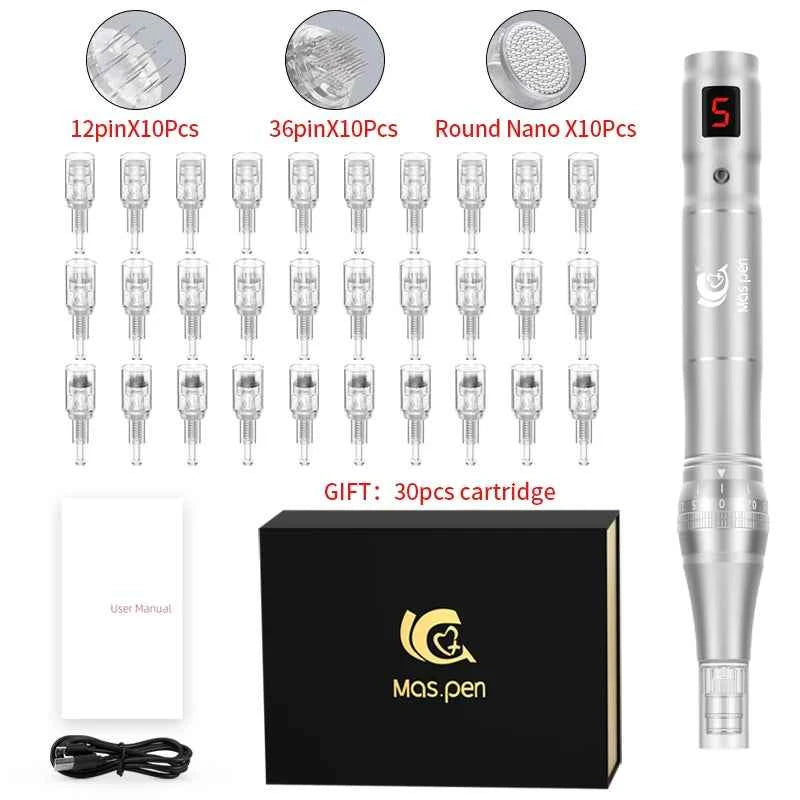 Stylo microneedling maison avec 3 types de cartouches pour traitements de peau efficaces