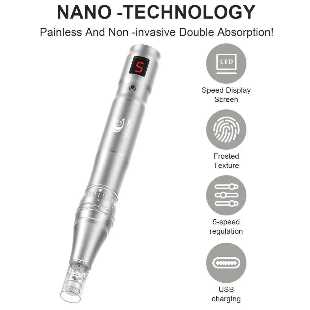 Stylo microneedling maison avec écran LED et régulation à 5 vitesses pour soins de la peau