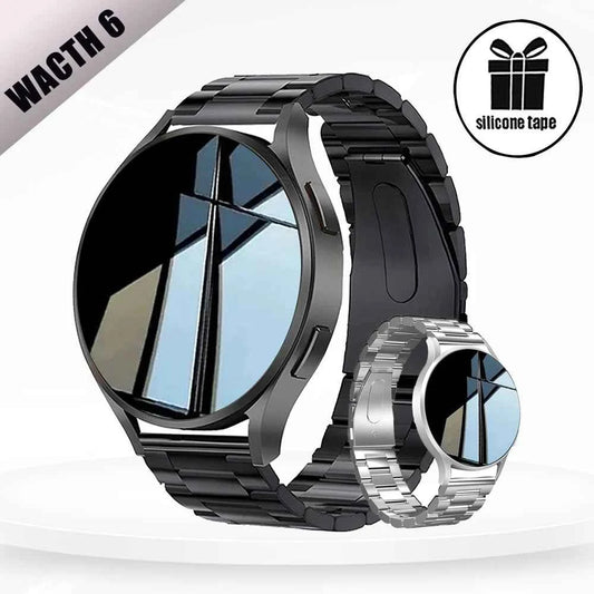 Montre connectée homme avec bracelet en silicone et acier, design moderne et écran rond élégant