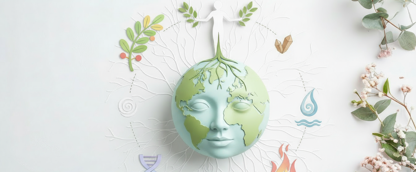 représentation graphique d'une terre humanisée avec un humain dessus, représentant la santé naturelle et le bien-être en utilisant les ressources de la terre, représentées par l'arbre de vie et ses fruits