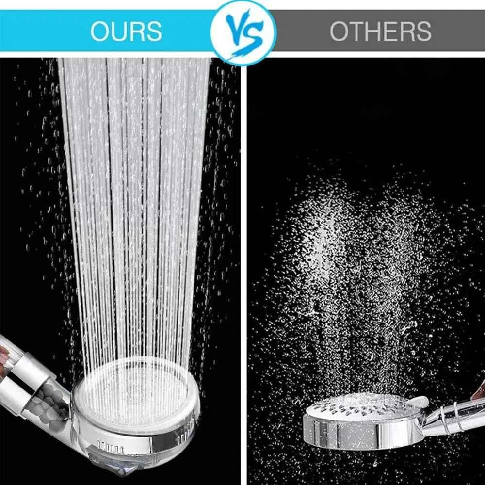 Comparaison entre notre pommeau de douche spa et les autres, montrant des jets d'eau de haute qualité