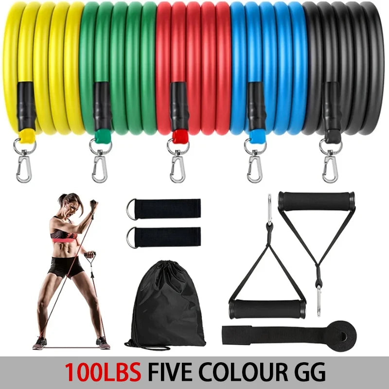 Kit d'élastiques de résistance de 100lbs en cinq couleurs avec poignées et accessoires pour entraînement musculaire
