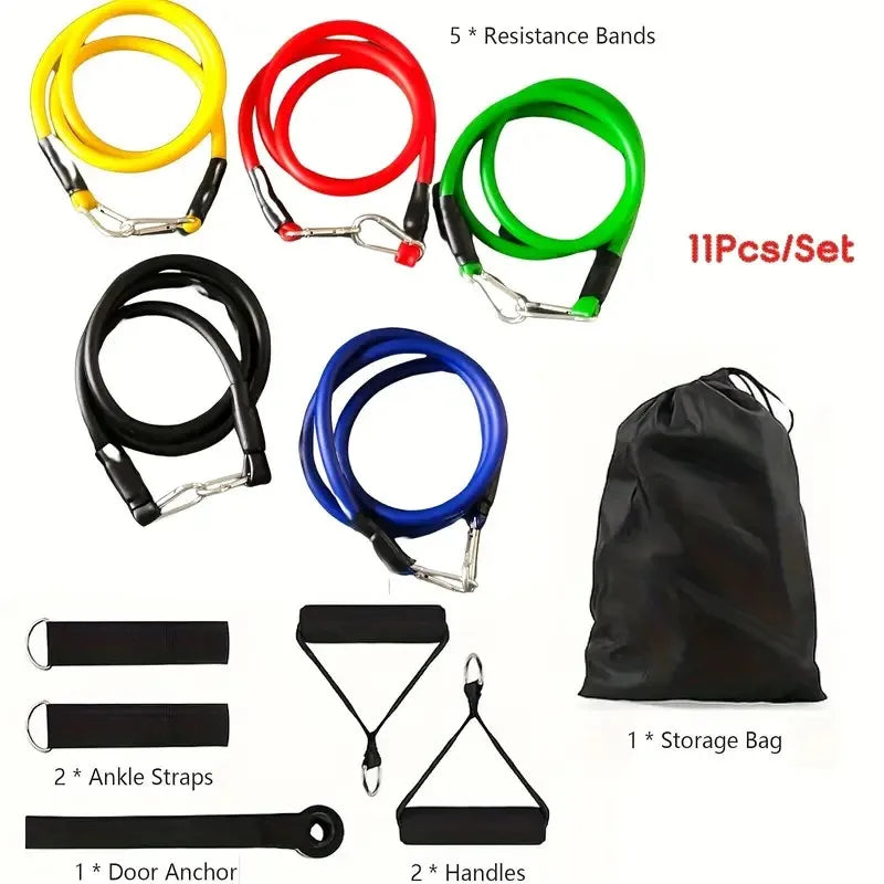 Ensemble de 11 pièces d'élastiques de résistance colorés avec poignées et sac de rangement