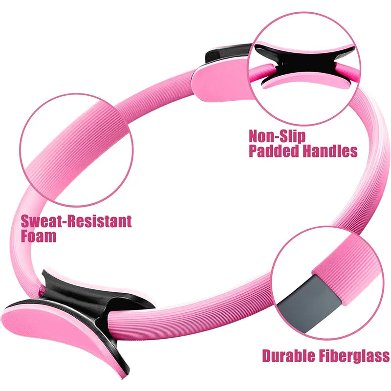 Anneau de pilates rose avec poignées antidérapantes et mousse résistante à la transpiration
