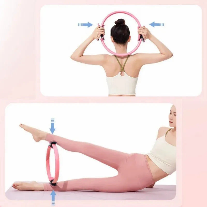 Femme utilisant un anneau de pilates rose pour des exercices de tonification et d'étirement