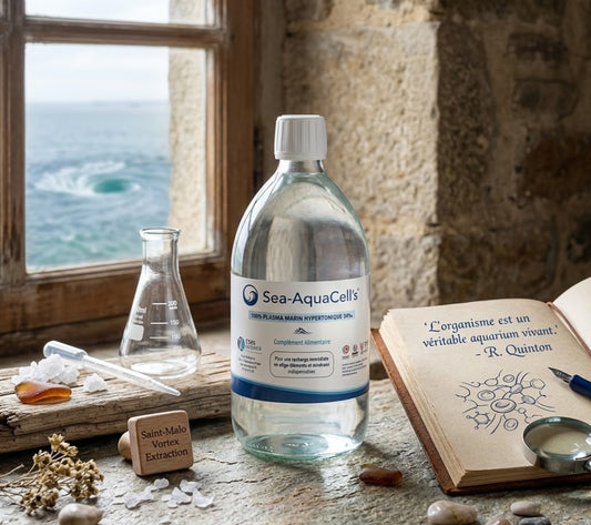 Bouteille de complément alimentaire Sea-AquaCell's Plasma Marin Hypertonique 34%. La scène de laboratoire côtier à Saint-Malo montre la bouteille à côté d'un vieux livre ouvert portant une citation de René Quinton : 'L'organisme est un véritable aquarium vivant.', d'un bécher et d'un tourbillon marin (vortex) visible par la fenêtre.