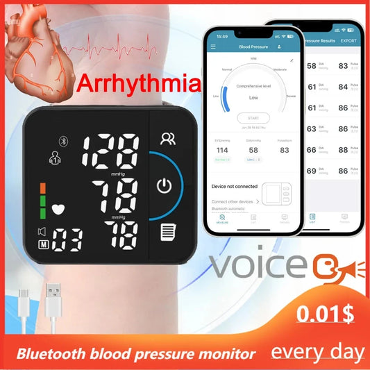 Tensiomètre intelligent Bluetooth affichant les résultats de pression artérielle sur écran et application mobile